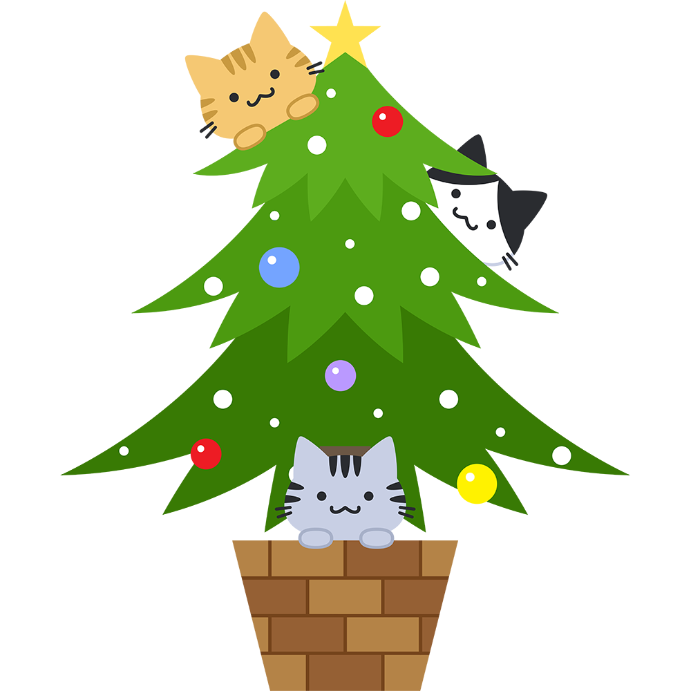 クリスマスツリーで遊ぶ猫のイラスト 無料 フリー