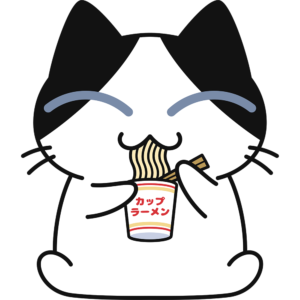 カップラーメンを食べる猫