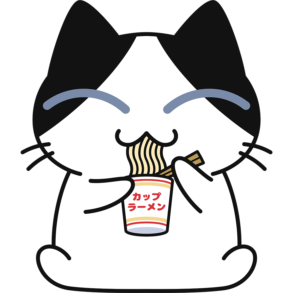 カップラーメンを食べる猫の無料イラスト