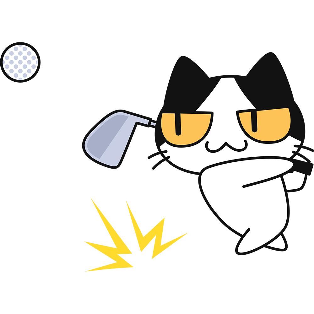 ゴルフ：アイアンでボールを打つ猫の無料イラスト