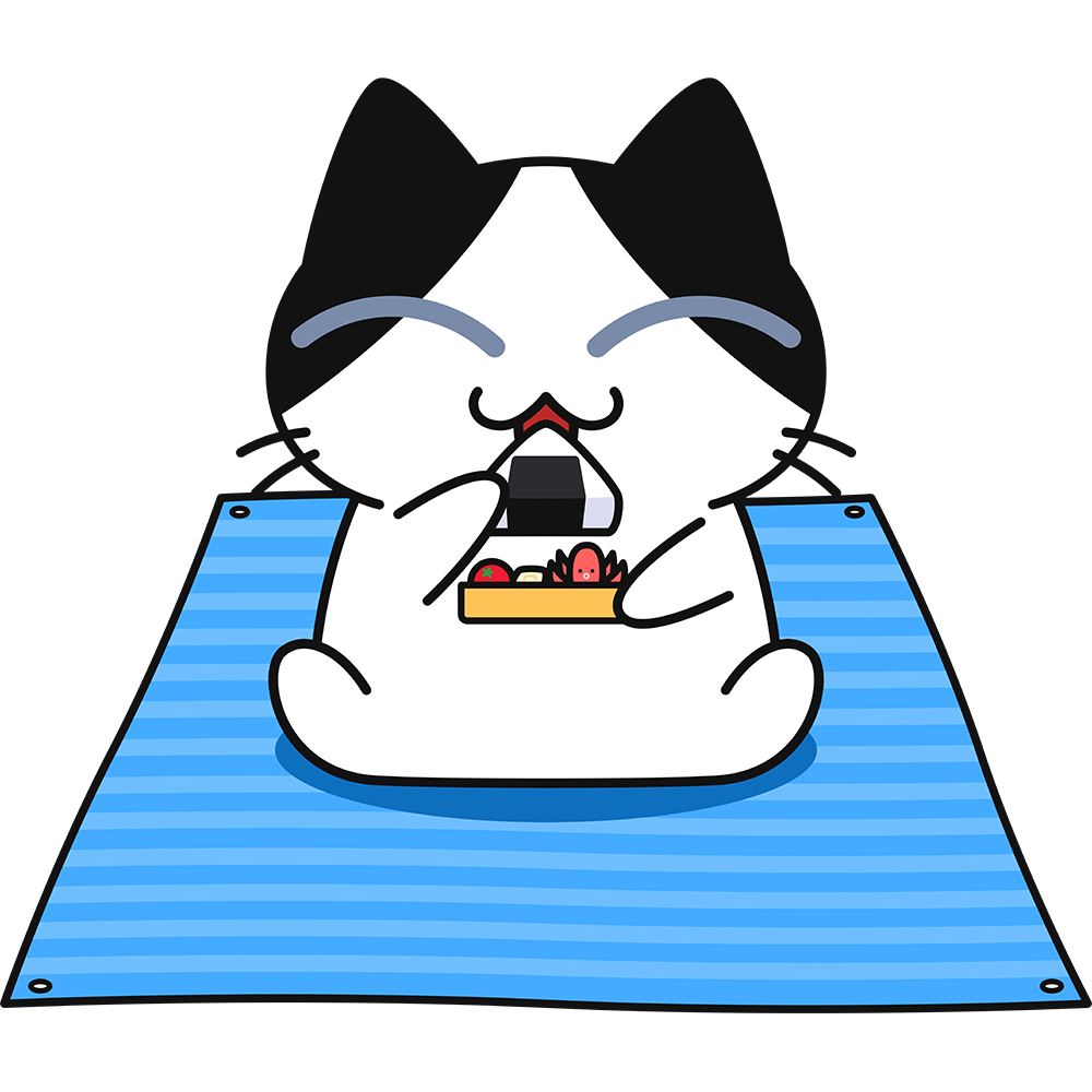 ビニールシートを敷いて弁当を食べる猫の無料イラスト