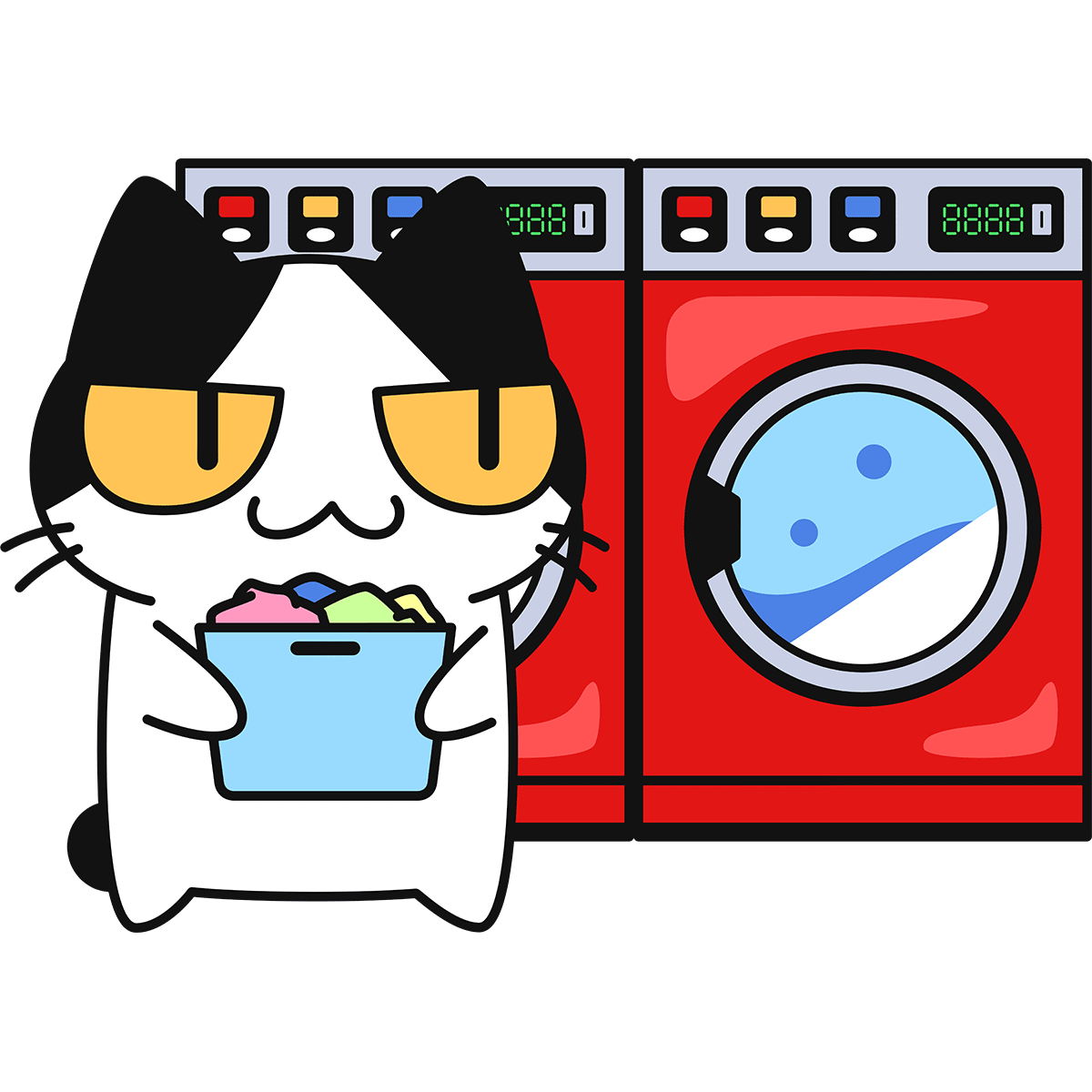 コインランドリーで洗濯をする猫の無料イラスト