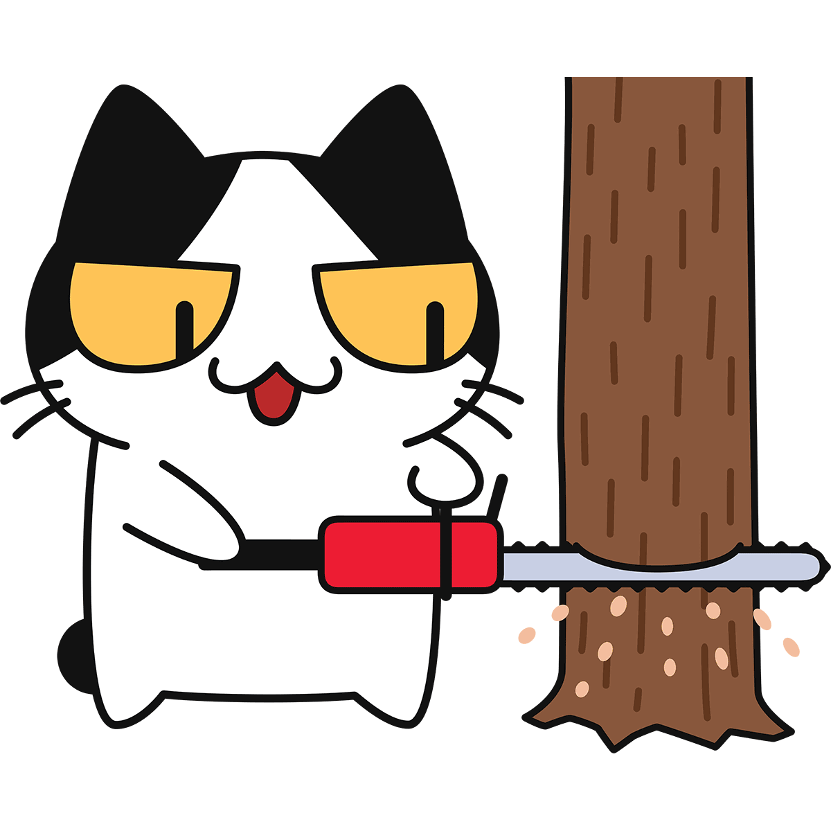 チェーンソーで木を切る猫の無料イラスト