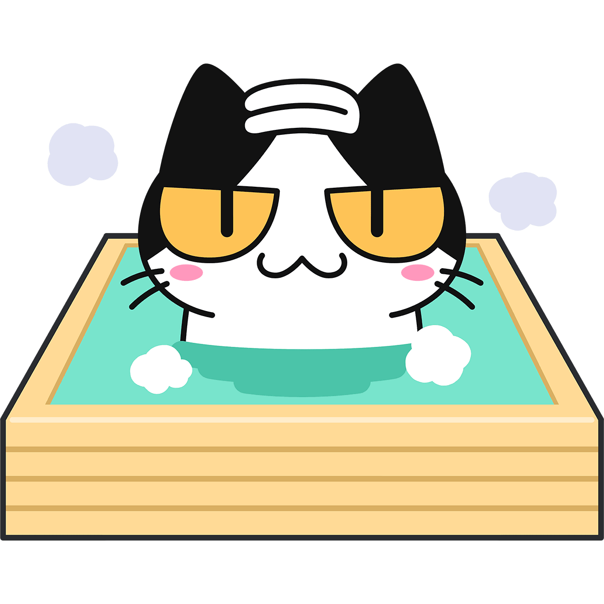 ヒノキ風呂に入る猫の無料イラスト