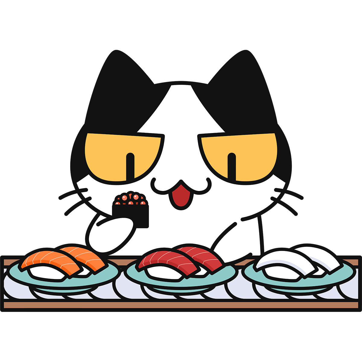 回転寿司で寿司を食べる猫の無料イラスト